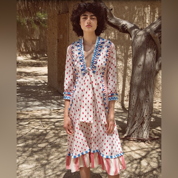 Dodo Bar Or Padma Polka Dot Stripe Dress Front Tie Size M New - Picture 3 of 16